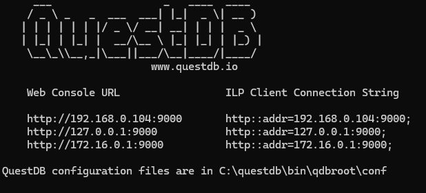 Установка QuestDB на Windows с указанием места хранения данных